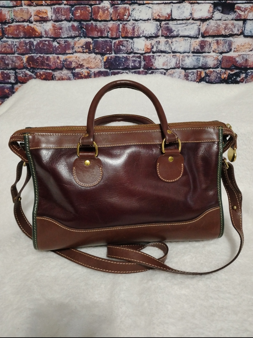 Brahmin Brown and Wine Leather Satchel with Green Trim - Picture 2 of 15